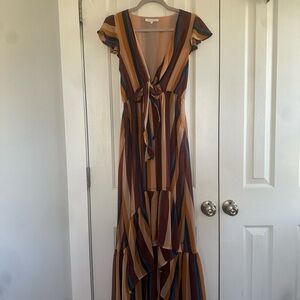 Olivaceous Striped Tie-Front Maxi Dress in Mustard, Brown & Blue